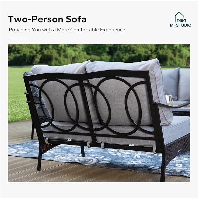 MFSTUDIO 5 PCS Outdoor Patio Furniture Set, Metal Outdoor Conversation Set, Rattan Wicker Patio Sectional Sofa Set with 2 x Fixed Single Sofa, 2-Seat and 3-Seat Sofa, 1 x Coffee Table, Grey