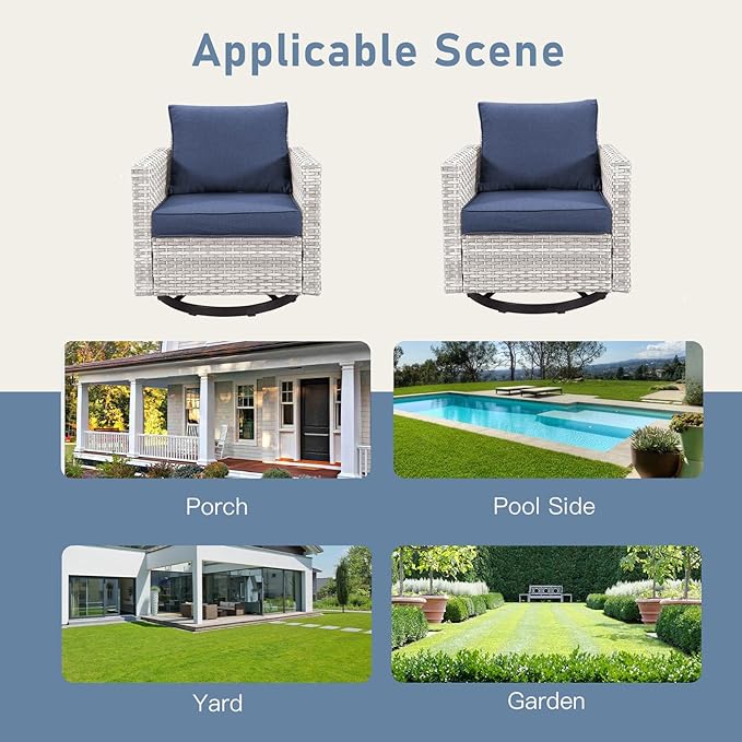 Luxury Outdoor Swivel Rocker Patio Chairs Set of 2, Swivel Patio Chairs for Porch, Yard, Deck, Poolside, LightGrey/Blue