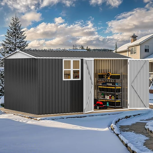 DWVO 12x8ft Large Tool Storage Shed with Window, Lockable Doors, and Sloped Roof, Oversized Steel Outdoor Storage Shed for Garden, Patio, Garage, Backyard, Lawn(Gray + White)