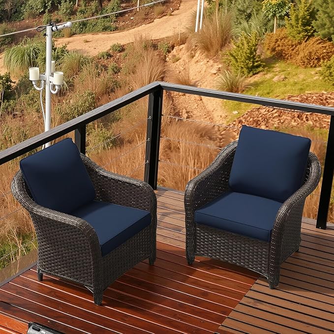 Vista Vibe Outdoor Patio Deep Seat Chairs Set of 2, Washable Cushions, Hand-Woven PE Rattan, All-Weather & Steel Frame, Garden, Bistro, Deck, Yard (Navy)