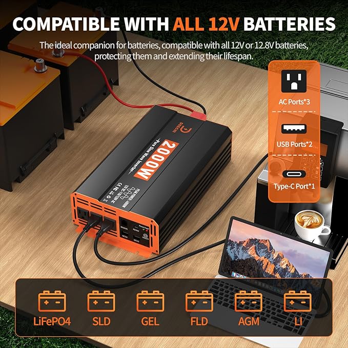 2000 Watt Pure Sine Wave Inverter 12V DC to 110V/120V AC Converter for RV/Truck/Home/Off-Grid Solar Car Power Inverter for Vehicles with 3 AC, 2 USB & 1 Type-C Ports, Remote Controller Cable Included