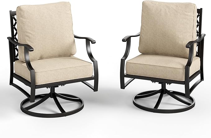 Swivel Patio Chairs Set of 2, High Back Outdoor Swivel Patio Metal Chairs with 5.75" Thick Cushions for Bistro Balcony Porch Deck and Yard, Beige