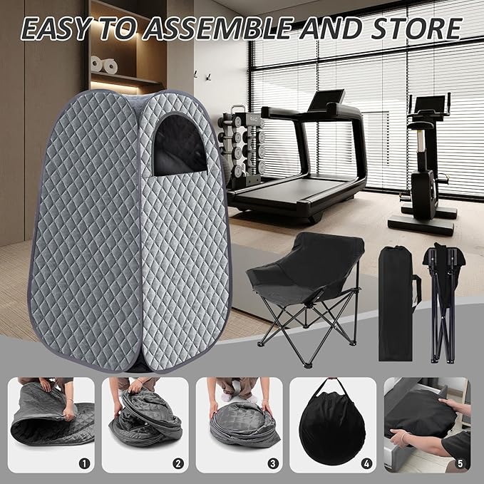 Portable Steam Sauna, Personal Steam Sauna Tent for Home Spa, Full Size Portable Spa Sauna Box with 3L 1000W Sauna Steamer, Large Size Foldable Chair Included, Grey