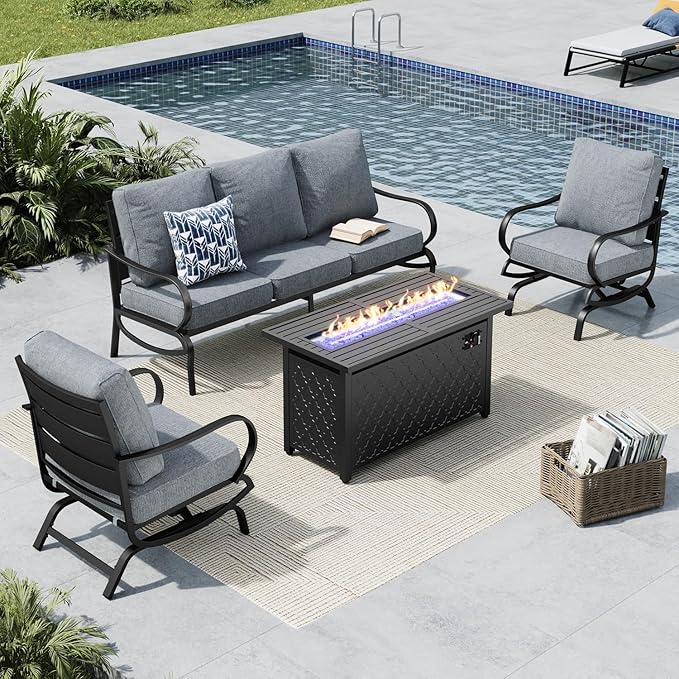 MFSTUDIO 4 Piece Patio Conversation Sets, All Weather Metal Frame Outdoor Furniture Set Patio Sofas with 1 x 45 Rectangular Fire Pit Table, 1 x 3-Seat Sofa, 2 x Rocking Chairs, Grey Cushion
