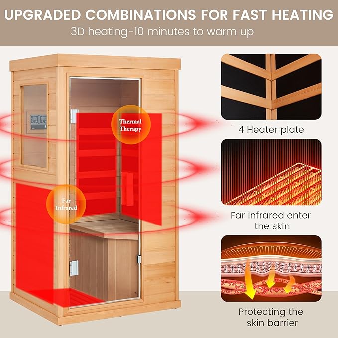 1 Person Infrared Sauna, Hemlock Wooden Indoor Dry Saunas，Full Spectrum Mini Sauna with 4 Heater Panels, Bluetooth Speaker, Tempered Glass Door, Compact and Easy to Use, 110V