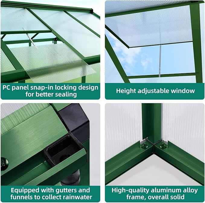 Garvee 6x10 ft Greenhouse - Aluminum Greenhouses for Outdoors, Large Polycarbonate Greenhouse with Roof Vent, Heavy Duty Walk-in Green Houses for Outside Garden, Backyard, Patio, Lawn, Easy Assembly