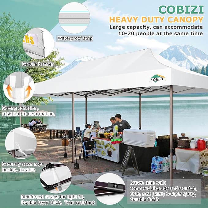 COBIZI 10x20 Pop Up Heavy Duty Canopy with 6 Sidewalls and Hexagonal Legs, Easy up Tent for Parties, Commercial and Wedding, Outdoor Canopy with Roller Bag, Sand Bags, Waterproof & UPF50+ (White)