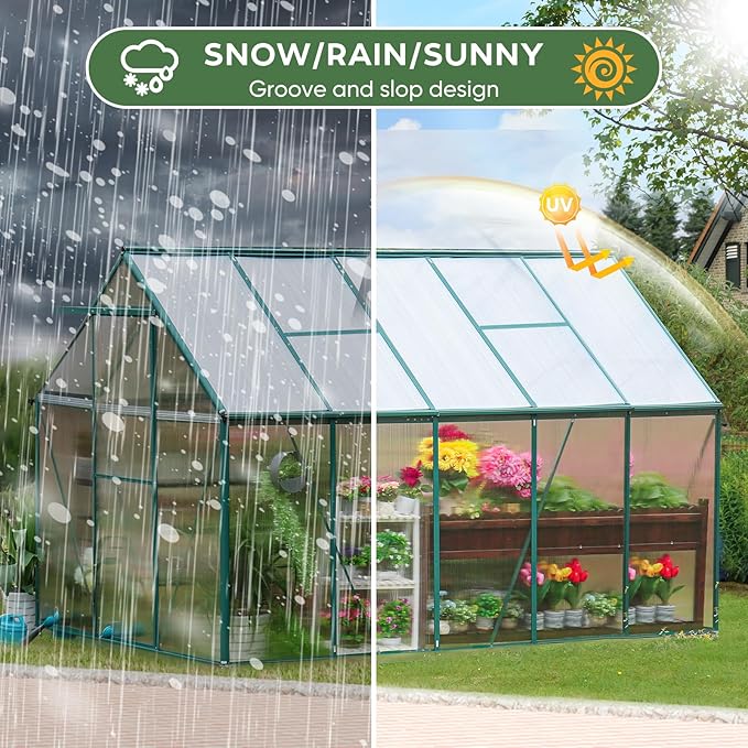 CDCASA 10x6 FT Outdoor Greenhouse, Aluminum Heavy Duty Polycarbonate Greenhouses w/Vent Window, Swing Door, Walk-in Green House for Outside, Backyard