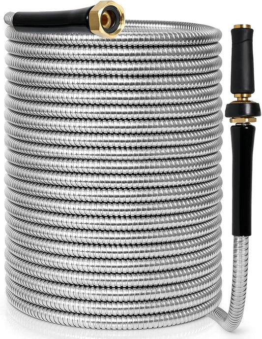 TOOLCY Metal Garden Hose 75 FT - 304 Stainless Steel Water Hose with Brass Nozzle - Super Flexible, No Kink, Heavy Duty, Lightweight, Durable Garden Hoses for Yard, Outdoor, Lawn