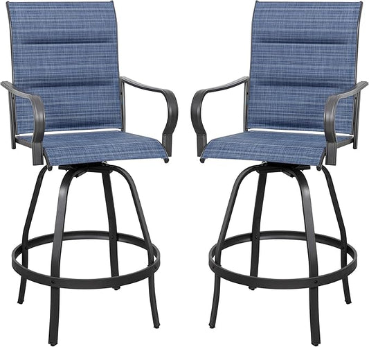 Vongrasig 2 Piece Outdoor Patio Swivel Bar Chairs, All Weather Padded Sling Textile High Top Bar Stools, Bistro Set for Backyard, Lawn Garden, Balcony, Padded Blue