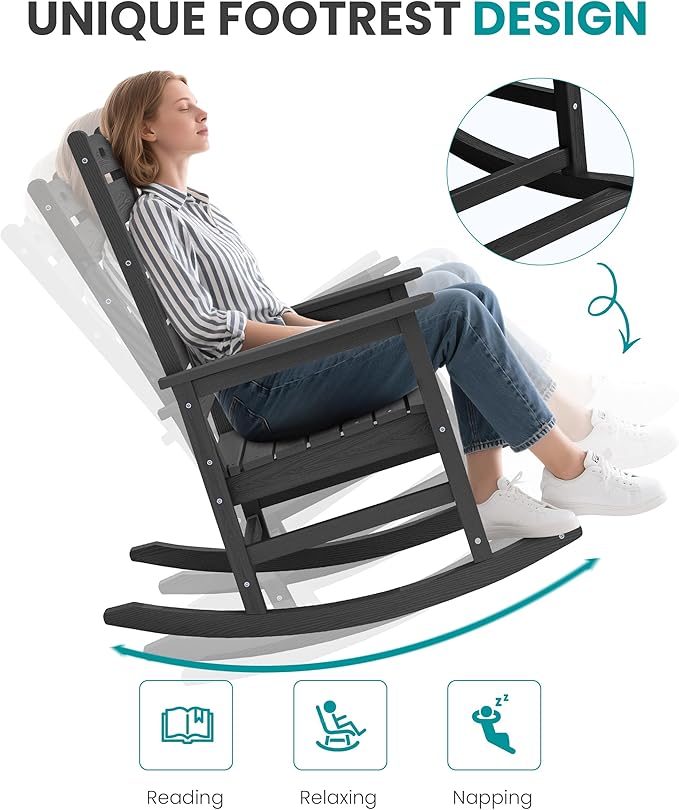 SERWALL Outdoor Rocking Chair Set of 2, Oversized Rocking Chair with Footboard for Adults, HDPE All Weather Rocking Chairs for Patio, 350lbs Weight Capacity, Black