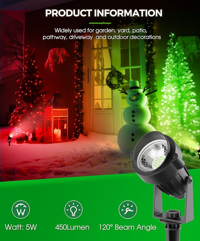 L LOHAS LED Green Spotlight Outdoor, Christmas Green Spot Lights for Yard, Auto On/Off 5W 120V Landscape Lighting for House, Holiday, Trees, Decoration, 450LM IP66 Waterproof, UL Listed, 2 Pack