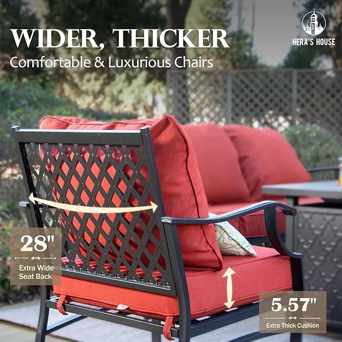 HERA'S HOUSE 4 Piece Patio Furniture Set, 2 x Rocking Metal Frame Cushioned Chair, 3-Seat Sofa with Marbling Coffee Table, All Weather Outdoor Conversation Set for Lawn Garden Backyard, Red
