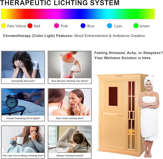 1 Person Dry Sauna for Home Max 165°F Traditional Sauna Experance, Indoor Hemlock Wooden Sauna, 110V-120V Electric Fast Heating, Easy Assembly, 7-Color Lamp, Bluetooth Size: 39.8 x 37.8 x 65.7inch
