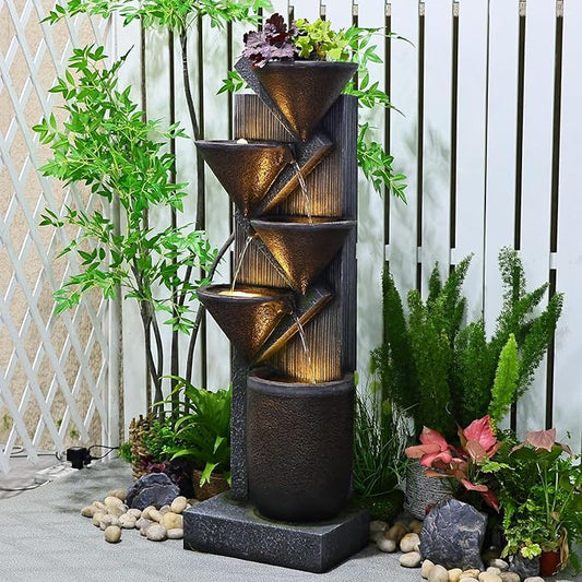 Water Fountain Outdoor 49.6“ Large Waterfall Fountain 5-Tier Indoor Floor Standing Water Fountains with LED Lights&Pump for Garden, Living Room, Patio, Home Decor with Natural Stones