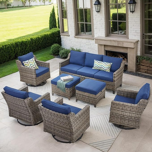 Patio Furniture Set, 7 Pieces Outdoor Wicker Rattan Sofa Couch with Swivel Rocking Chair, Ottomans and Comfy Cushions, All Weather Patio Conversation Sets, Suit for Porch
