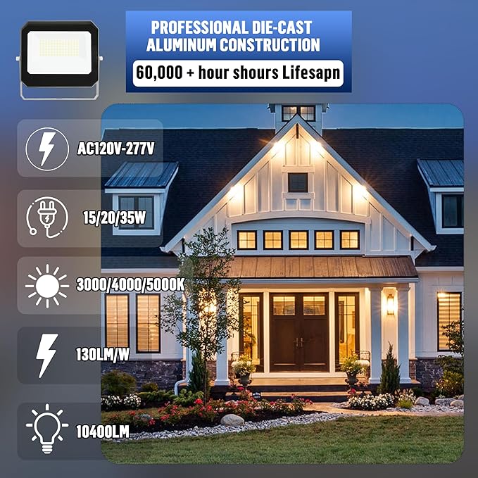 LAMPHOME LED Flood Lights Outdoor 15/20/35W and 3000/4000/5000K Adjustable 3900Lm,Dusk-to-Dawn Sensor o Dawn Flood Light for Yard, Garage, Garden,UL Listed,Includes Yoke Mount UL Listed