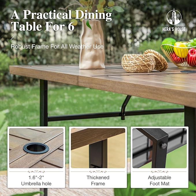 HERA'S HOUSE 7-Piece Patio Dining Set, 6 x Outdoor Rattan Armchair with Removable Cushions, 1 x 64 Inches Rectangular Patio Table with 1.57"-1.9" Umbrella Hole for Patio, Lawn, Garden, Porch