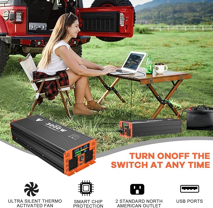 3000 Watt Power Inverter, Car/Home 12V DC to 110V AC Converter, with LED Display, Dual AC Outlets, USB Port, Dual Smart Fans, Cables Included, Suitable for Home, RV