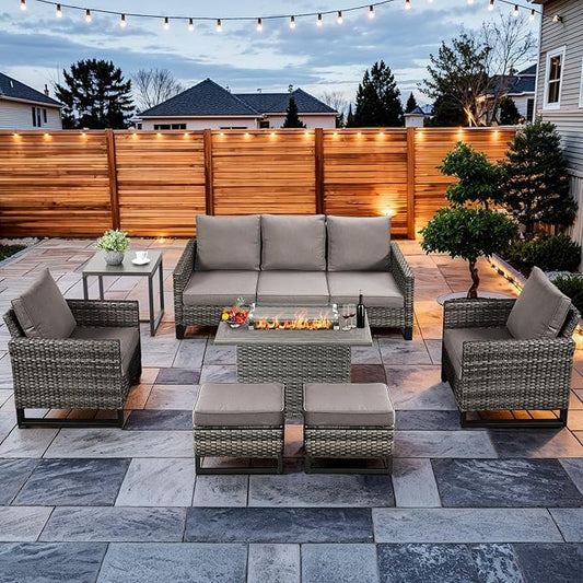 HUMMUH 7 Piece Patio Furniture Set with Fire Pit Table 41in 55,000 BTU,Wicker Outdoor Conversation Sets - Outdoor Chairs Set of 2 Patio Sofa for Porch,Garden,Backyard