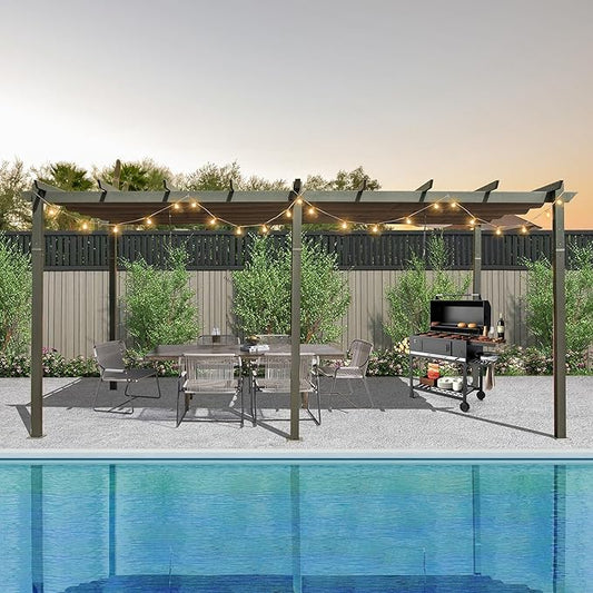 Domi Outdoor Living 11' X 20' Outdoor Pergola with Retractable Canopy Aluminum Shelter Sun Shade Grape Trellis for Patio, Backyard and Lawn, Gray