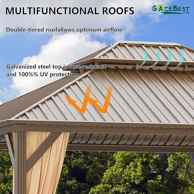 12x14 ft Hardtop Gazebo Outdoor Aluminum Patio Gazebo Double Roof Galvanized Steel Canopy with Netting and Curtains for Garden, Backyard,Deck and Lawns