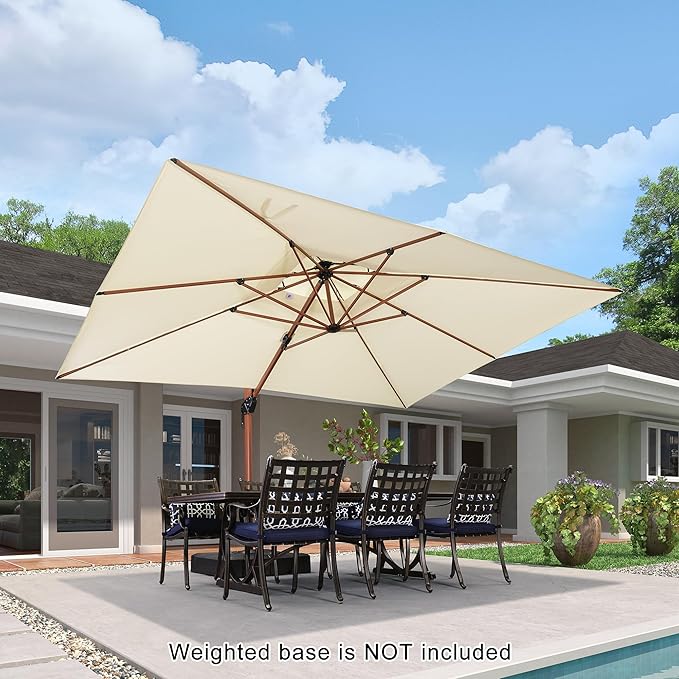 PURPLE LEAF 10' X 13' Double Top Deluxe Wood Pattern Rectangle Patio Umbrella Offset Hanging Umbrella Outdoor Market Umbrella Garden Umbrella, Cream
