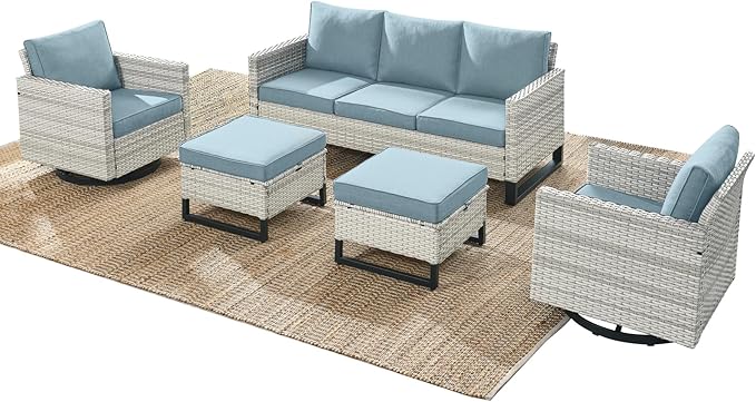 Rilyson Wicker Outdoor Patio Furniture Set - 5 Piece Patio Conversation Set with 2 Swivel Rocker Chairs,2 Rattan Ottoman and 1 Couch for Outside Porch Deck Backyard Garden(Light Grey/Sky Blue)