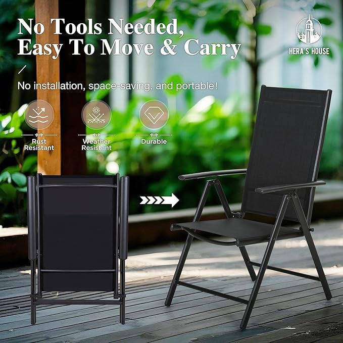 HERA'S HOUSE 7-Piece Outdoor Dining Set for 6, 64" Weather-Resistant Metal Patio Table with 6 Foldable Black Chairs, Perfect for Garden, Backyard, Porch & Lawn (Space-Saving Design)