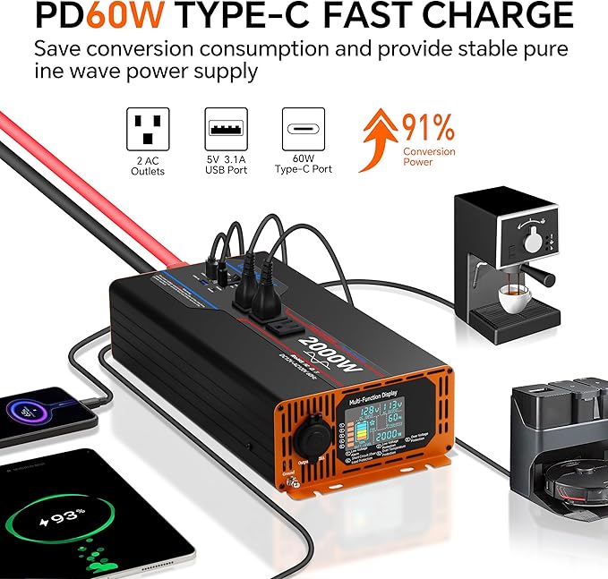 2000W Pure Sine Wave Inverter, Car Power Inverter 12V to 110V 120V, DC to AC Converter Generator with AC Outlets 3.0A USB Type-C, Remote Controller LCD Display Truck Inversor for Vehicles, RV