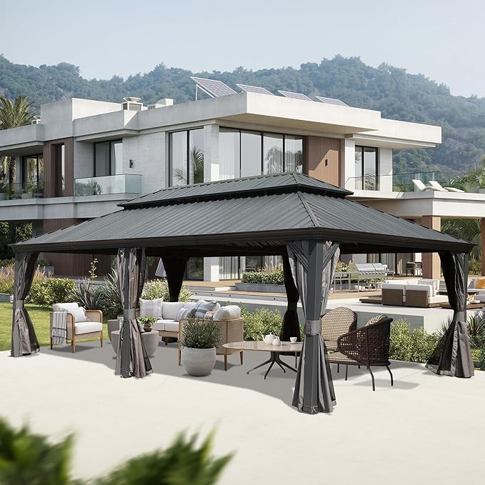 Domi 14' X 22' Hardtop Gazebo Outdoor Metal Gazebo Canopy with Galvanized Steel Double Roof, Aluminum Frame, Curtains and Netting for Patio, Deck, Garden, Grey