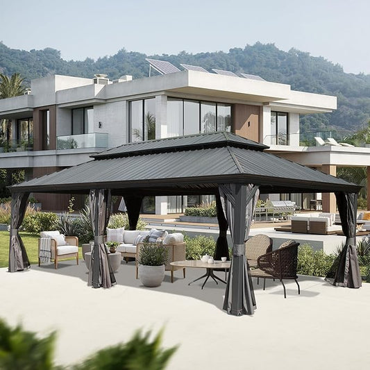Domi 14' X 22' Hardtop Gazebo Outdoor Metal Gazebo Canopy with Galvanized Steel Double Roof, Aluminum Frame, Curtains and Netting for Patio, Deck, Garden, Grey