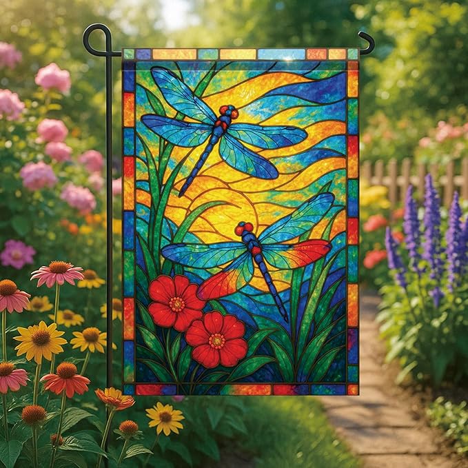 Spring Summer Dragonfly Stained Glass Garden Flag 12x18 Inch Vertical Double Sided Vibrant Outdoor Decor for Yard Lawn Patio Garden Flag for Seasonal Home and Garden Decoration