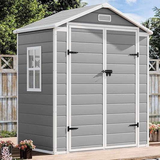 Resin Outdoor Storage Shed with Floor 6x3 FT Waterproof Plastic Sheds Kit Window Lockable Door Included, Outside Garden Tools Sheds for Backyard Patio