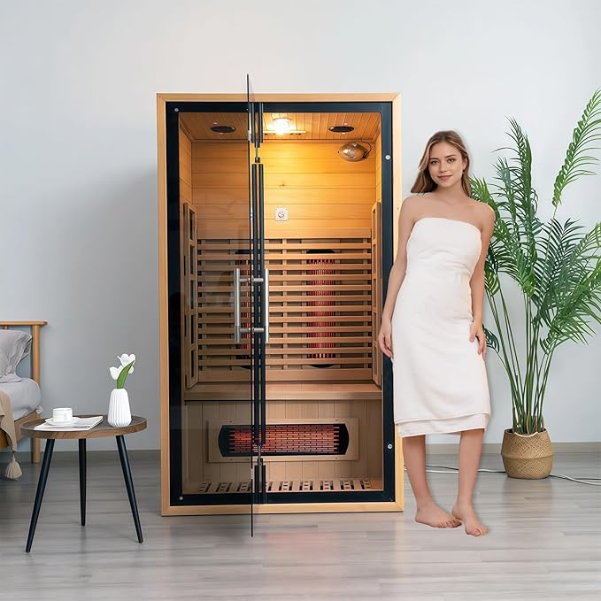 Far Infrared Wooden Sauna 2 Person, Canadian Hemlock Sauna, 120V, 1750 W, 8 Heating Element, 7 Color Light, Oxygen Bar(100-149 ℉) Fast Delivery