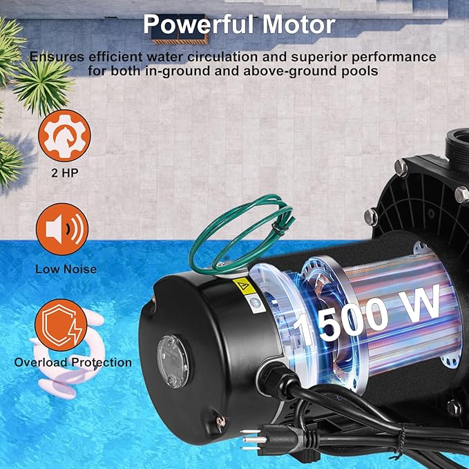 2 HP Pool Pump 110 V/220 V Swimming Pool Pump 6840 GPH In/Above Ground Pool Pumps 1500 W Powerful Self Primming Pump for Residential/Commercial Pool, Spas and Hot Tubs, Landscape Fountain