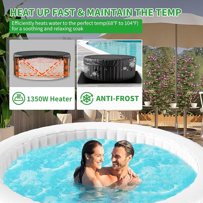 4-6 Person Inflatable Hot Tub, 264Gal Portable Blow up Hot Tub with 130 Strong Bubble Jets, Leak-Resistant PVC Round Outdoor Spa with Heater Pump and Insulated Cover, 82” X 82” X 25”