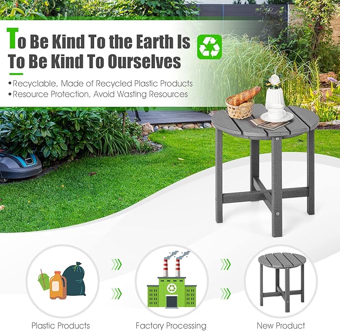 Tangkula Round Outdoor Side Table, 18 Inch Weather Resistant HDPE Adirondack Table, Outdoor Indoor Chairside End Tables, Patio Side Table for Lawn Garden Balcony Backyard, Easy Assembly (1, Gray)
