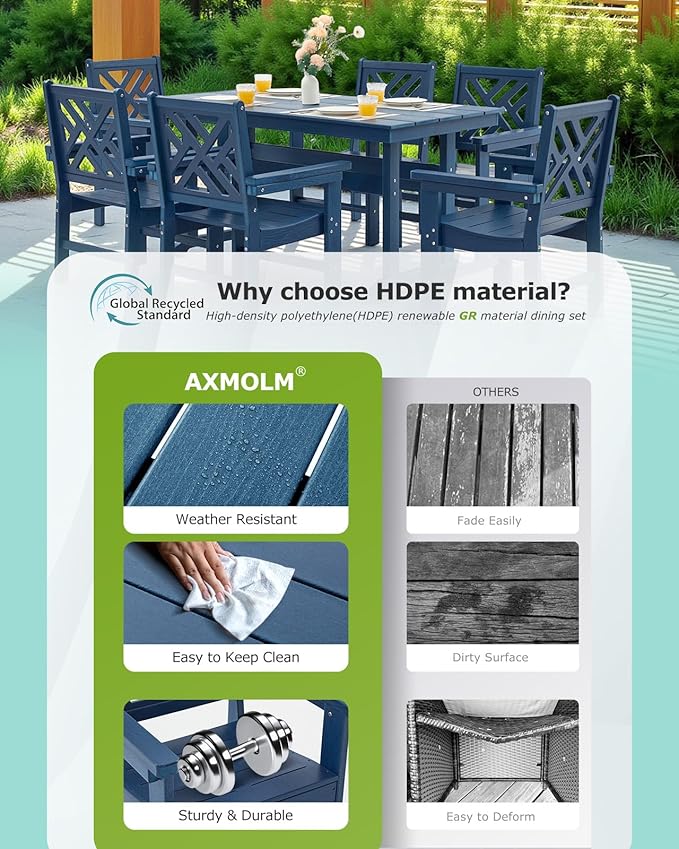 5 Piece HDPE Outdoor Dining Set for 4 Patio Dining Furniture Set with Umberlla Hole, Weather Resistent Outdoor Table and Chairs for Garden, Poolside, Backyard, Deck, Blue