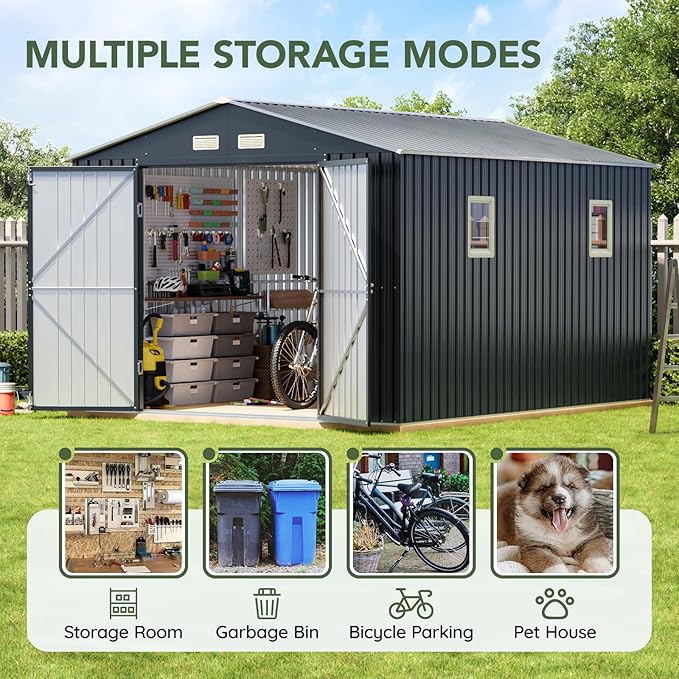 10x10 FT Outdoor Metal Storage Shed, Double Swing Doors, 2 Clear Windows,Tool Shed for Garden, Patio, Backyard Nightblue
