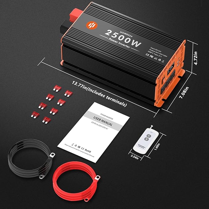 2500 Watt Power Inverter 12V DC to 110V/120V AC Converter Peak Power 5000W Car Inverter with LCD Display 3 AC Outlets, 2 USB & Type-C Port for RV,Truck,Off-Grid Solar System with Remote Controller