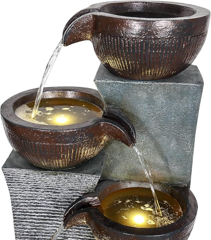 53.5” Tall 6-Tier Outdoor Water Fountain with LED Lights – Relaxing Cascading Resin Jar Waterfall for Garden, Patio, Backyard & Indoor Home Décor