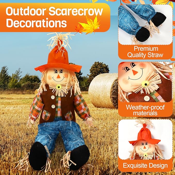 Marsui 1 Pcs 59" Large Outdoor Scarecrow Fall Harvest Thanksgiving Halloween Decoration, Life Size Standing or Sitting Scarecrow Outside Decor for Autumn Garden Yard Porch (Boy)