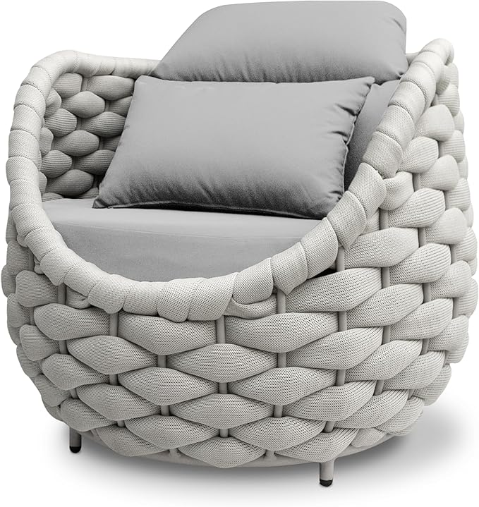 Patio Accent Chairs Set of 2: Aluminum Porch Lounge Chair with Arms - Woven Rope Cushioned Armchair - Modern One Seater Chair - Outdoor Deck Furniture for 400lbs Balcony Lanai Garden Hotel, Gray