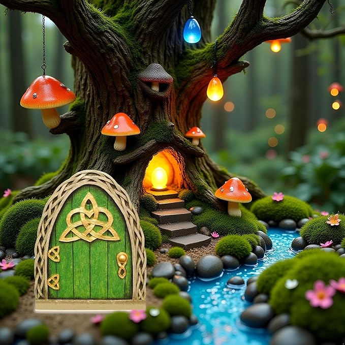 Green Mini Fairy Garden Door for Tree, 3D Miniature Fairy Door for Fairytale Tiny House Doors, Bonsai Terrarium Micro Landscape Decoration Accessories Garden Miniatures