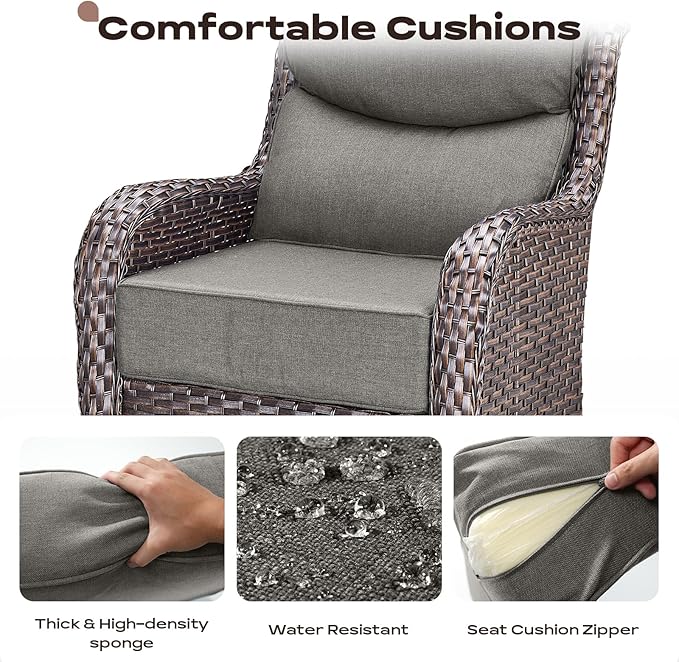 Rilyson Outdoor Patio Swivel Rocker Chairs Set of 2, Waterproof Wicker, High Back, Deep Seating, Wide Armrest, Upgraded 6 inch Thick Cushions, Ideal for Deck Porch Backyard, Brown/Grey