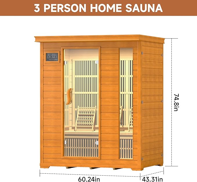 springspa 3 Person Infrared Sauna Indoor, 15amp Low EMF Far Infrared Canadian Hemlock Sauna with 2 LCD Panels, Bluetooth