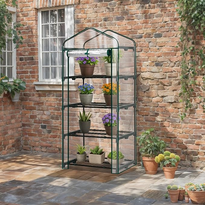 Outvita Mini Greenhouse, Small PVC Plant Green House with 4 Tiers Rack, Shelf Clips, Roll-up Zipper Door, Gardening Supplies for Indoor Outdoor Seedling Frost Protection, 27"x19.6"x63" Transparent