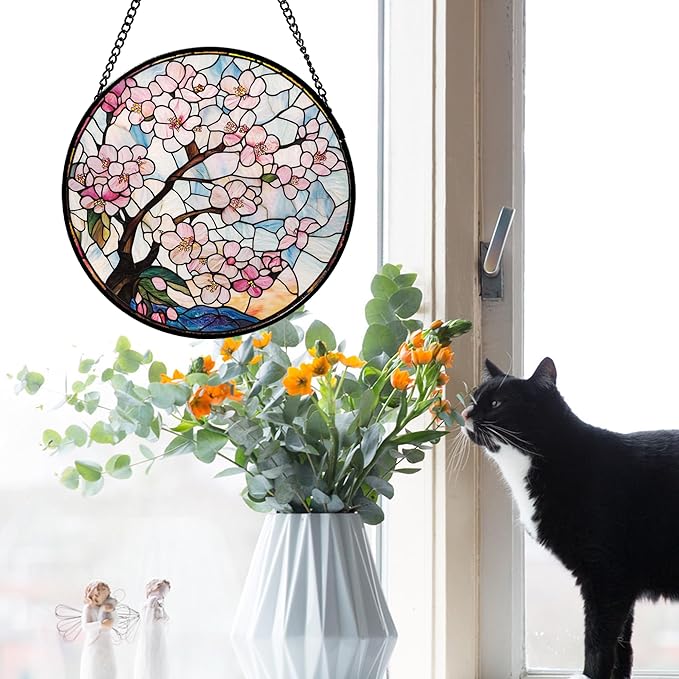 Stained Glass Window Hanging - Cherry Blossoms Suncatcher for Door Garden Home Decor Pink Flowers Sun Catcher Christmas Birthday for Friend Lovers Women Mom Nana 7.8 in