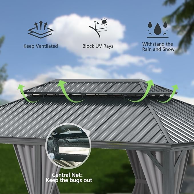 Domi 12'x16' Hardtop Gazebo Canopy,Outdoor Aluminum Gazebo with Galvanized Steel Double Roof,Permanent Gazebo with Drainage System,Curtain and Netting Included,Grey